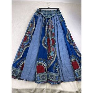 African Dashiki and Denim Panel Circle Skirt Elastic and Sash Tie Waist One Size